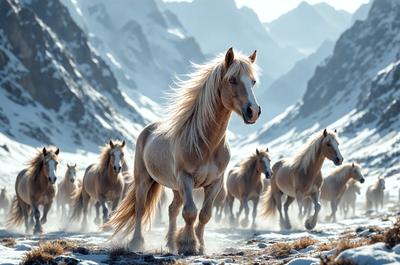 Primary subject: A horse with a flowing mane.

Setting/background: Snowy mountains in the background.

Visual style: Digital art.

Colors and mood: The image is in black and white, giving it a classic and timeless feel. The snowy mountains and the horse's mane create a sense of elegance and freedom.