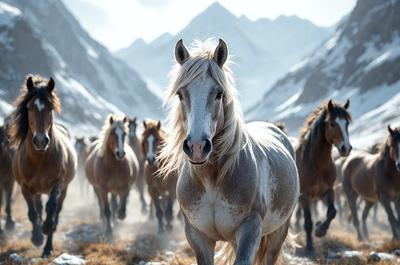 Primary subject: A white horse with blonde hair.

Setting/background: A snowy mountain range in the background.

Visual style: A photo of the horse.

Colors and mood: The photo is in black and white, giving it a classic and timeless feel.