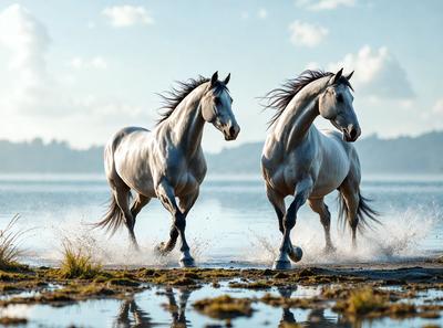 Primary subject: Two horses running through water.

Setting/background: The horses are running through a body of water, possibly a lake or a river.

Visual style: The image is a photo of the two horses in motion.

Colors and mood: The image has a vibrant and dynamic atmosphere, with the horses' movement and the water's reflection creating a sense of energy and freedom.