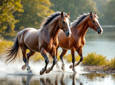Primary subject: Two brown horses running through a field.

Setting/background: The horses are running through a grassy field near a body of water.

Visual style: The image is a photo of the two horses in motion.

Colors and mood: The image is in color, and the horses appear to be running with energy and excitement.