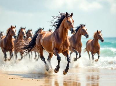 Primary subject: A brown horse running on the beach.

Setting/background: The beach, with the ocean in the background.

Visual style: The image is a photo of the horse running on the beach.

Colors and mood: The dominant colors are brown and white, with a sense of freedom and energy.