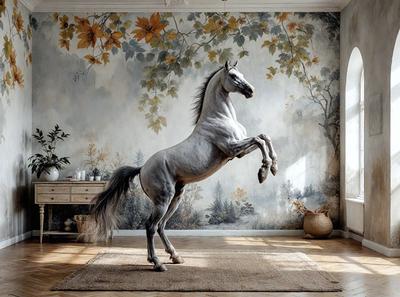 Primary subject: A white horse with a flowery wallpaper background.

Setting/background: The horse is standing on a rug in front of a wall with a flowery wallpaper design.

Visual style: The image is a painting or drawing of a horse.

Colors and mood: The painting features a white horse, and the flowery wallpaper in the background adds a vibrant and lively atmosphere to the scene.