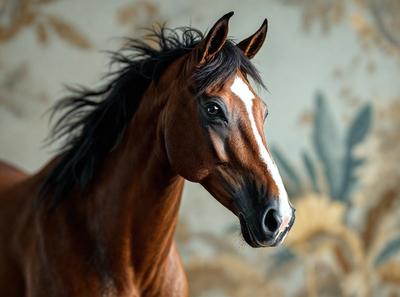 The primary subject of the image is a brown and white horse with a flowing mane. The horse is standing in front of a wall with a patterned design. The setting appears to be a room with a backdrop of a wall. The visual style of the image is a photo, capturing the horse's features and the patterned wall in detail. The colors in the image are predominantly brown and white, with the horse's mane adding a touch of black. The overall atmosphere of the image is calm and focused