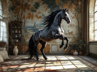 Primary subject: A horse with a flowing mane and tail, standing in a room with a painting in the background.

Setting/background: The horse is standing in a room with a painting on the wall, and there are several vases and bottles scattered around the area.

Visual style: The image is a digital artwork, featuring a horse with a flowing mane and tail.

Colors and mood: The image has a warm and vibrant color palette, with the horse's
