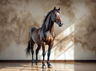 Primary subject: A brown horse standing in a room.

Setting/background: The horse is standing in front of a wall with a painting on it. The room appears to be a studio or a similar setting.

Visual style: The image is a photo of the horse in the room.

Colors and mood: The horse is brown, and the room has a neutral color palette. The overall atmosphere is calm and focused on the horse.