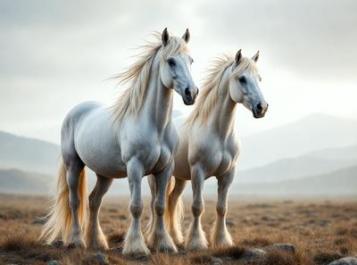 Primary subject: Two white horses standing in a field.

Setting/background: The horses are standing in a grassy field with mountains in the background.

Visual style: The image is a photo of the two horses.

Colors and mood: The horses are white, and the overall atmosphere is serene and peaceful.