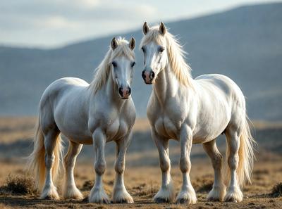 The primary subject of the image is two white horses standing next to each other in a grassy field. The setting is a mountainous area, with a hill visible in the background. The visual style is a photo, capturing the horses in their natural environment. The colors and mood of the image are predominantly warm and serene, with the horses' white coats contrasting against the green grass and the earthy tones of the mountainous landscape.