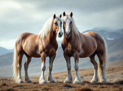 The primary subject of the image is two brown horses standing next to each other in a grassy field. The setting is a mountainous area, with a mountain visible in the background. The visual style is a photo, capturing the horses in their natural environment. The colors and mood of the image are warm and serene, with the horses and the grassy field creating a peaceful and picturesque scene.