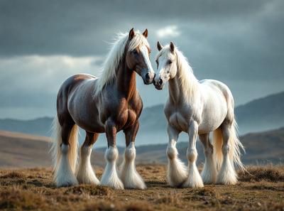 The primary subject of the image is two horses standing next to each other in a grassy field. They are positioned close to each other, with their heads touching. The setting is a grassy field, and the visual style appears to be a photo. The colors in the image are predominantly shades of brown and white, giving the scene a natural and earthy atmosphere.