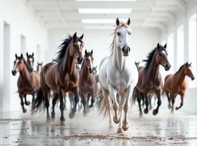 Primary subject: A white horse running in a large building.

Setting/background: The horse is running in a large, open building with a white surface.

Visual style: The image is a photo of the horse running in the building.

Colors and mood: The image has a black and white color scheme, giving it a classic and timeless feel. The horse's white color stands out against the white background, creating a sense of motion and energy.