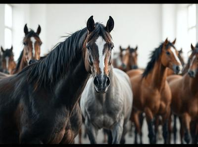 Primary subject: A brown and white horse with a black mane.

Setting/background: A white wall.

Visual style: A black and white photo.

Colors and mood: The photo has a black and white color scheme, giving it a classic and timeless feel.