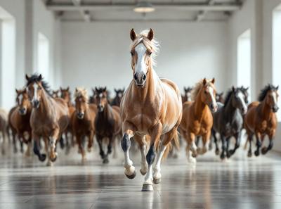 Primary subject: A brown horse running in a large room.

Setting/background: The horse is running in a large room, possibly a warehouse or a large indoor space.

Visual style: The image is a black and white photo.

Colors and mood: The dominant colors are black and white, creating a classic and timeless atmosphere.