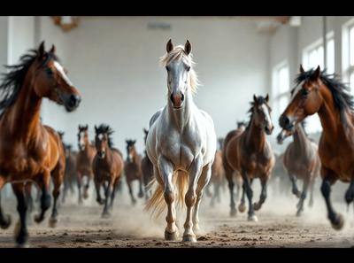 Primary subject: A white horse with blonde hair.

Setting/background: A large group of horses in a barn.

Visual style: A photo of the white horse.

Colors and mood: The white horse stands out against the other horses, creating a sense of contrast and elegance.