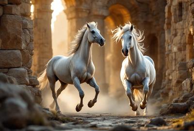 Primary subject: Two white horses running together.

Setting/background: An ancient stone building with arches.

Visual style: A photo of the two horses running.

Colors and mood: The image is in black and white, giving it a classic and timeless feel. The horses' white coats contrast with the stone building, creating a sense of motion and energy.