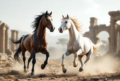 Primary subject: Two horses running together.

Setting/background: A dirt field with a rocky surface.

Visual style: A photo of the two horses running.

Colors and mood: The image is in black and white, giving it a classic and timeless feel. The horses are the main focus, and their movement and interaction create a sense of energy and excitement.