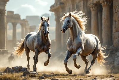Primary subject: Two horses running in a field.

Setting/background: The horses are running in a field with a rocky surface.

Visual style: The image is a photo of the two horses in motion.

Colors and mood: The image has a warm and dynamic atmosphere, with the horses' movement and the field's natural elements.