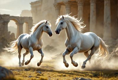 Primary subject: Two white horses running in a field.

Setting/background: The horses are running in a field with a backdrop of a building, possibly a temple.

Visual style: The image is a photo of the two horses in action.

Colors and mood: The image has a warm and dynamic atmosphere, with the horses' white coats contrasting against the field and the building in the background.