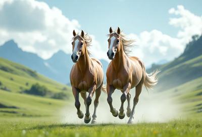 The primary subject of the image is two brown horses running through a grassy field. The setting is a mountainous area with a cloudy sky in the background. The visual style is a photo, capturing the horses in motion. The colors and mood of the image are dominated by the brown hues of the horses and the green grass, creating a sense of freedom and natural beauty.