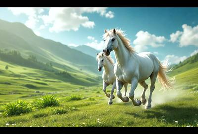 Primary subject: Two white horses running in a grassy field.

Setting/background: The horses are running in a lush green field with mountains in the background.

Visual style: The image is a digital art or illustration of the two white horses running in the field.

Colors and mood: The image has a vibrant and lively atmosphere, with the green field and white horses creating a sense of freedom and energy.