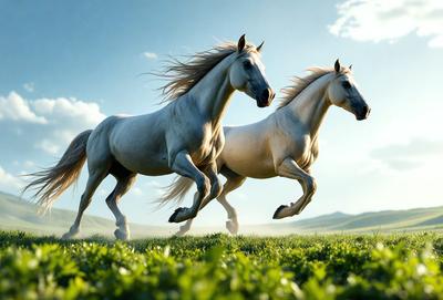 Primary subject: Two white horses running in a field.

Setting/background: The horses are running in a lush green field, with a blue sky in the background.

Visual style: The image is a digital art or illustration of the two horses running.

Colors and mood: The dominant colors are green and blue, creating a serene and natural atmosphere.