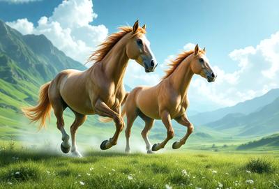 The primary subject of the image is two brown horses running through a lush green field. The setting is a beautiful, grassy landscape with mountains in the background. The visual style is a digital art or illustration, creating a vibrant and dynamic scene. The colors are predominantly green and brown, giving the image a natural and serene atmosphere.