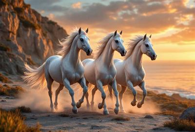 Primary subject: Four white horses running on a beach.

Setting/background: The horses are running on a sandy beach, with a rocky cliff in the background.

Visual style: The image is a digital artwork, featuring four white horses running together.

Colors and mood: The image has a warm and vibrant color palette, with the white horses standing out against the sandy beach and rocky cliff. The overall atmosphere is energetic and dynamic, as the horses run together