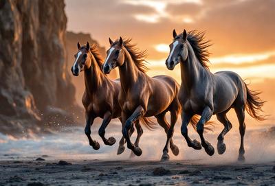 Primary subject: Three horses running on the beach.

Setting/background: The beach is the setting, with the horses running along the shoreline.

Visual style: The image is a photo of the horses running on the beach.

Colors and mood: The colors in the image are predominantly brown and orange, with the sunset in the background creating a warm and inviting atmosphere.