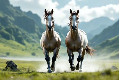 Primary subject: Two horses running in a field.

Setting/background: A grassy field with mountains in the background.

Visual style: A photo of the two horses running.

Colors and mood: The image is in black and white, giving it a classic and timeless feel. The horses are running through the grass, creating a sense of freedom and energy.