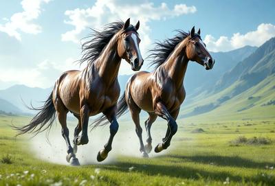 Primary subject: Two brown horses running in a field.

Setting/background: The horses are running in a grassy field with mountains in the background.

Visual style: The image is a digital art or illustration of the two horses running.

Colors and mood: The image has a warm and lively atmosphere, with the brown horses and the green grass creating a sense of freedom and energy.