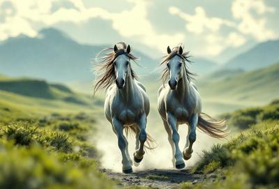 Primary subject: Two horses running through a grassy field.

Setting/background: The horses are running through a grassy field with mountains in the background.

Visual style: The image is a digital art illustration.

Colors and mood: The image has a warm and lively atmosphere, with the horses' white coats contrasting against the green grass and the blue sky.