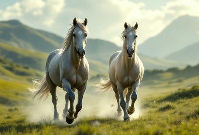 Primary subject: Two white horses running in a grassy field.

Setting/background: The horses are running in a grassy field with mountains in the background.

Visual style: The image is a photo of the two horses running in the field.

Colors and mood: The image has a vibrant and lively atmosphere, with the white horses and the green grass creating a sense of freedom and energy.
