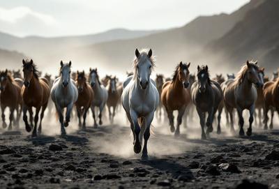 Primary subject: A white horse running in front of a herd of brown horses.

Setting/background: A rocky, dusty terrain with a mountainous background.

Visual style: A photo of the scene.

Colors and mood: The image has a sepia tone, giving it a warm and nostalgic atmosphere.