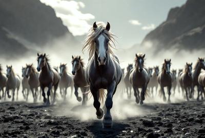 Primary subject: A horse with a flowing mane.

Setting/background: A mountainous area with a rocky terrain.

Visual style: A photo of the horse in motion.

Colors and mood: The image is in black and white, giving it a classic and timeless feel.