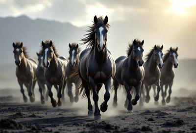 Primary subject: A group of horses running together.

Setting/background: A dirt road or field.

Visual style: A photo of the horses running.

Colors and mood: The image is in black and white, giving it a classic and timeless feel.