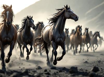 Primary subject: A herd of horses running on a dirt road.

Setting/background: The horses are running on a dirt road, with a mountainous background.

Visual style: The image is a digital artwork.

Colors and mood: The image has a sepia tone, giving it a nostalgic and warm atmosphere.