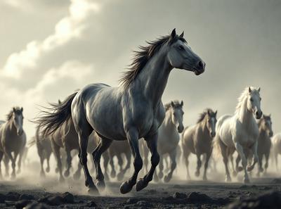 Primary subject: A herd of horses running in a dusty field.

Setting/background: The horses are running in a dusty field, with a cloudy sky in the background.

Visual style: The image is a digital artwork, featuring a herd of horses running in a dusty field.

Colors and mood: The image has a sepia tone, giving it a nostalgic and somewhat dramatic atmosphere.