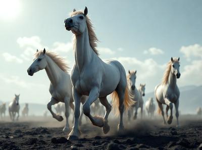 Primary subject: A white horse running in a field.

Setting/background: The horse is running in a field with other horses in the background.

Visual style: The image is a photo of the white horse running in the field.

Colors and mood: The image has a sepia tone, giving it a warm and nostalgic atmosphere.