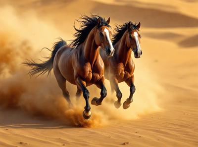 The primary subject of the image is two brown horses running through a sandy environment. The setting is a desert-like area, with sand covering the ground. The visual style of the image is a photo, capturing the horses in motion. The colors and mood of the image are dominated by the warm tones of the sand and the horses' coats, creating a sense of motion and energy.