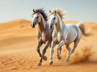The primary subject of the image is two horses running in a desert-like environment. The setting is a sandy surface, which is typical of a desert landscape. The visual style of the image is a photo, capturing the horses in motion. The colors and mood of the image are predominantly warm and earthy tones, reflecting the natural environment of the desert.