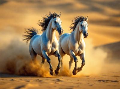 The primary subject of the image is two horses running through a sandy area. The setting is a desert-like environment, with sand covering the ground. The visual style of the image is a photo, capturing the horses in motion. The colors and mood of the image are predominantly warm and earthy tones, with the sand and the horses' coats creating a sense of motion and energy.