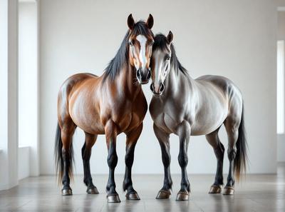 The primary subject of the image is two horses standing next to each other. They are positioned in a white room, which serves as the setting for the scene. The visual style of the image is a photo, capturing the horses in their natural environment. The colors and mood of the image are predominantly white, creating a clean and serene atmosphere.
