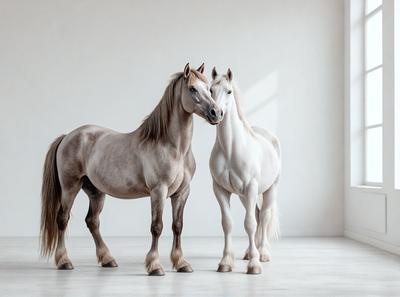 The primary subject of the image is a pair of horses standing next to each other in a white room. The setting appears to be a studio or a controlled environment, as the horses are standing on a white surface. The visual style of the image is a photo, capturing the horses in their natural state. The colors in the image are predominantly white, giving the scene a clean and minimalist appearance. The overall mood of the image is calm and serene, as the horses seem to be enjoying each other's company in