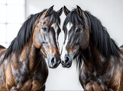 The primary subject of the image is two horses standing next to each other. They are positioned in front of a white wall, which serves as the setting or background. The visual style of the image is a black and white photo, giving it a classic and timeless appearance. The colors and mood of the image are predominantly black and white, creating a sense of elegance and simplicity.