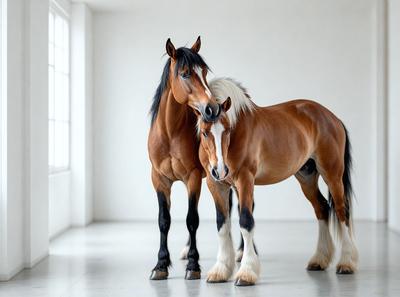 The primary subject of the image is a brown horse standing next to another brown horse. The setting is a white room, which provides a clean and minimalistic backdrop for the scene. The visual style of the image is a photo, capturing the horses in their natural environment. The colors in the image are predominantly brown, creating a warm and earthy atmosphere.