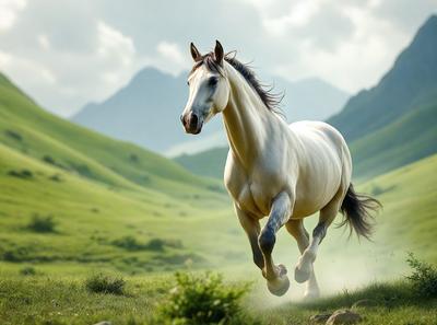 Primary subject: A white horse running through a grassy field.

Setting/background: The horse is running through a lush green field with mountains in the background.

Visual style: The image is a photo of the horse in motion.

Colors and mood: The image is in color, and the lush green field and the white horse create a sense of freedom and energy.