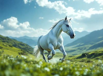 Primary subject: A white horse running in a grassy field.

Setting/background: The horse is running in a grassy field with mountains in the background.

Visual style: The image is a digital art or illustration of a white horse running in a grassy field.

Colors and mood: The image has a vibrant and lively atmosphere, with the white horse standing out against the green grass and the mountains in the background.