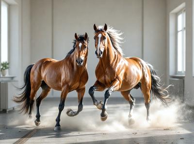 Primary subject: Two brown horses running together.

Setting/background: A white wall serves as the backdrop for the scene.

Visual style: The image is a photo of the two horses in motion.

Colors and mood: The dominant colors are brown and white, with a sense of motion and energy.