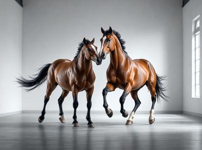 Primary subject: Two brown horses standing next to each other.

Setting/background: A white wall serves as the backdrop for the horses.

Visual style: The image is a black and white photo.

Colors and mood: The dominant colors are black, white, and brown. The overall atmosphere is calm and focused on the horses.