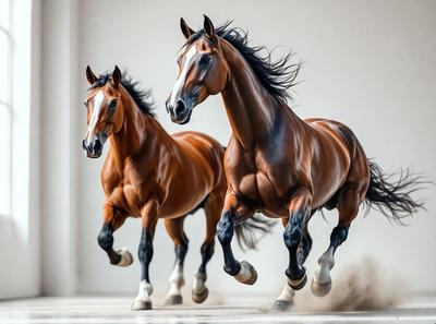 The primary subject of the image is a pair of brown horses running side by side. They are the main focus of the scene, and their movement and energy are evident as they gallop across the ground. The setting is a white wall, which serves as a clean and uncluttered backdrop for the horses. The visual style of the image is a high-quality photo, capturing the horses in their natural environment. The colors in the image are predominantly brown and white, reflecting the horses' natural coat and the white wall