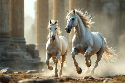Primary subject: Two white horses running.
Setting/background: A dusty area with a stone structure in the background.
Visual style: A photo of the two horses running.
Colors and mood: The image is in black and white, giving it a classic and timeless feel.